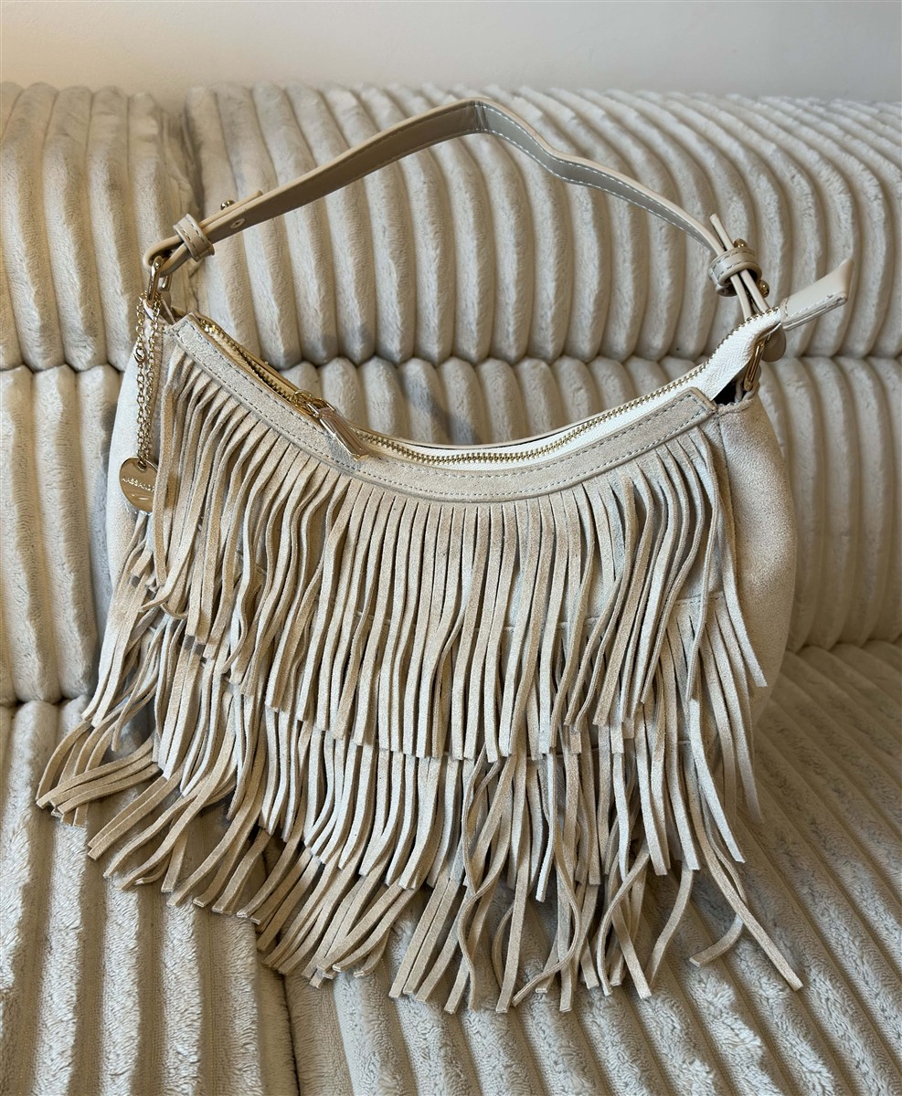 Wildledetasche fransen beige 1